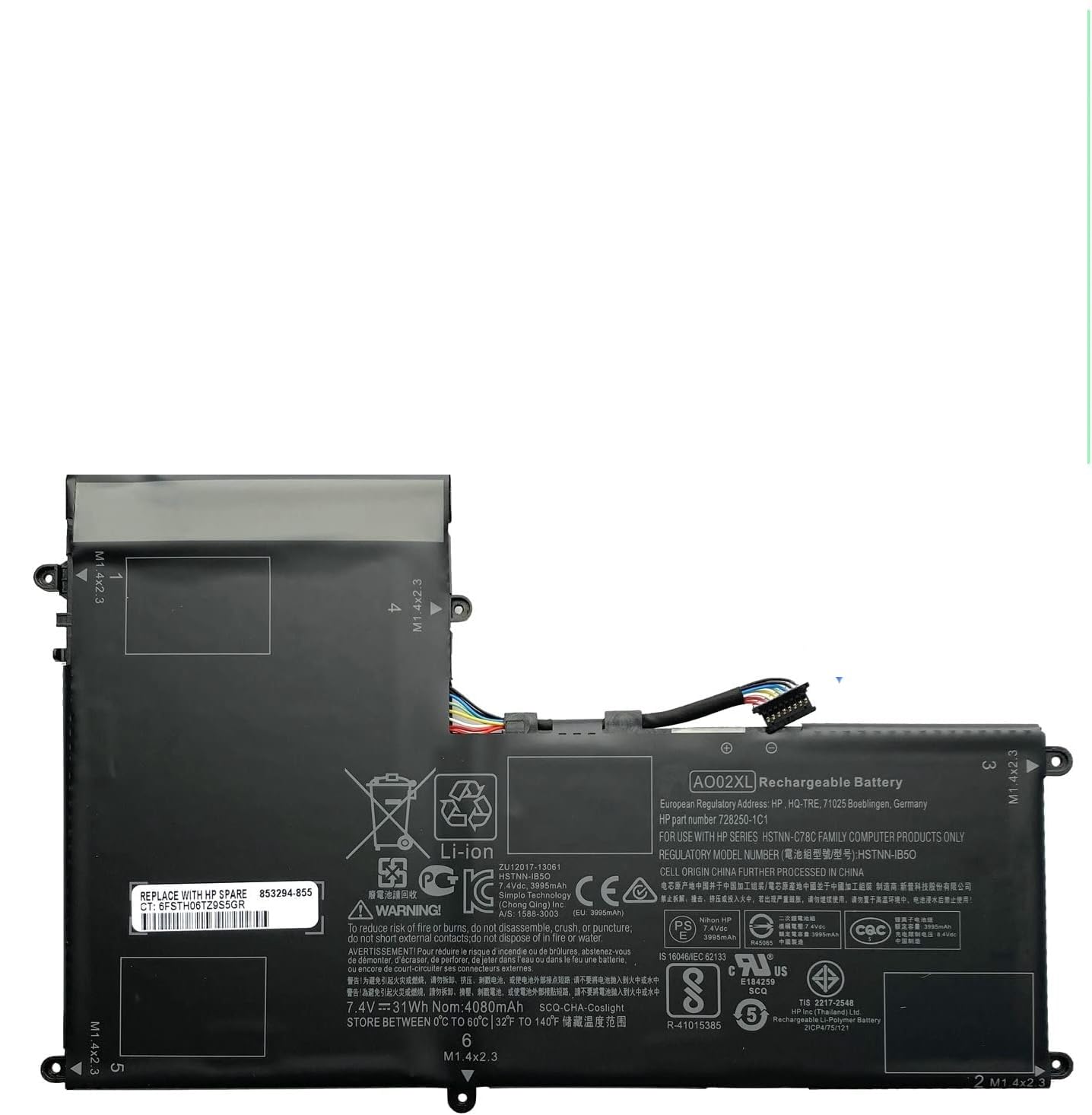 WISTAR AO02XL AO02030XL HSTNN-C75C HSTNN-C78C HSTNN-IB5O HSTNN-IB5Q HSTNN-UB5O HSTNN-LB5O HSTNN-LB50 728250-121 728250-1C1 728250-421 728558-005 2ICP4-74/120 Laptop Battery for HP ElitePad 1000 G2